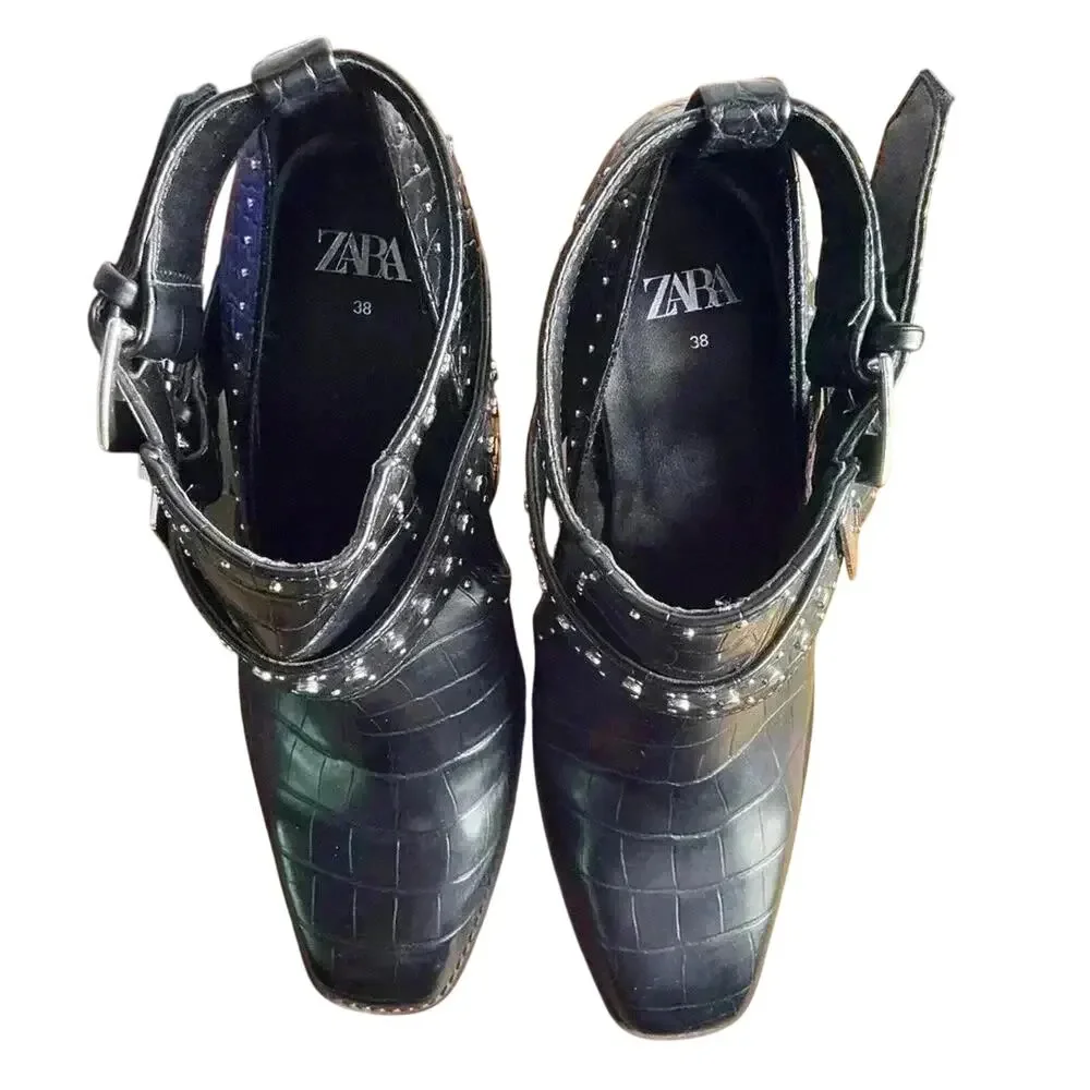 ZARA Black Croc Embossed Studded Buckle Ankle Boots Block Heel Size 38 (US 7.5)